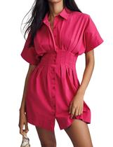 Vestido MISSACTIVER curto plissado com botões e cintura corset rosa Vestido MISSACTIVER curto plissado com botões e cintura corset rosa