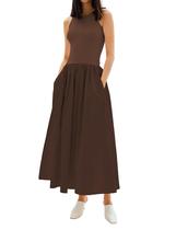 Vestido MISSACTIVER, gola redonda, sem mangas, maxi e bolsos, marrom