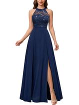 Vestido Miusol longo azul-marinho com decote halter, renda com lantejoulas e comprimento maxi