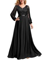 Vestido Miusol Wedding Guest A-Line, renda floral, decote em V, manga comprida