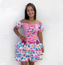 Vestido Moda Caipira Encantado Rosa Luxo Com Laço Infantil Adulto Dança Quadrilha Arraiá São João