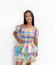 Vestido Moda Caipira Retalho Colorido Luxo Com Laço Festa Junina São João Tema- Ana Fantasias