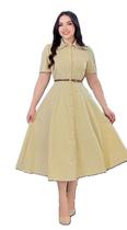 Vestido Moda Evangelica Midi Social em Jacquard Elegante Cor:BegeTamanho:P