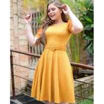 Vestido Moda Evangélica Social Cinto Midi Rodado Godê Prinçesa Manga Curta Vestido Moda Evangélica Social Cinto Midi Rodado Godê Prinçesa Manga Curta