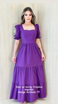 Vestido moda feminina estilo elegance manga bufante em detalhes bordados na cor roxo tamanho 44