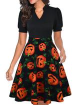 Vestido Mokayee Halloween Pumpkin Orange de manga folhada para mulher Vestido Mokayee Halloween Pumpkin Orange de manga folhada para mulher