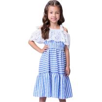 Vestido Momi Listrado Azul e Branco com Babados Laise H5605 Vestido Momi Listrado Azul e Branco com Babados Laise H5605