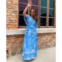 Vestido Morena Longo com Fenda Decote V e Cintura Marcada - Amor Azul