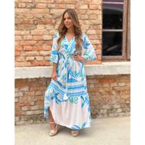Vestido Morena Longo com Fenda Decote V e Cintura Marcada - Geometria Tropical