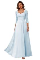 Vestido Mother of Bride AUSPORY em chiffon azul claro com manga 3/4