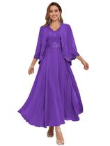 Vestido Mother of The Bride CDSSL Chiffon Purple Tea Length