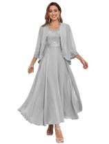 Vestido Mother of The Bride CDSSL com decote em V A Line com jaqueta prateada Vestido Mother of The Bride CDSSL com decote em V A Line com jaqueta prateada