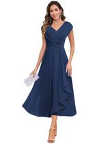 Vestido Mother of The Bride CDSSL, elegante com mangas curtas, azul marinho Vestido Mother of The Bride CDSSL, elegante com mangas curtas, azul marinho