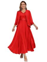 Vestido Mother of The Bride CDSSL Red Lace Chiffon, comprimento de chá Vestido Mother of The Bride CDSSL Red Lace Chiffon, comprimento de chá