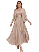 Vestido Mother of The Bride CDSSL Taupe Chiffon Tea Length Vestido Mother of The Bride CDSSL Taupe Chiffon Tea Length
