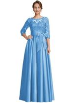 Vestido Mother of The Bride raomiao Blue Satin Lace A Line