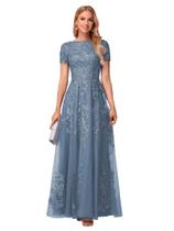 Vestido Mother of The Bride YOFF Lace Applique Long Steel Blue Vestido Mother of The Bride YOFF Lace Applique Long Steel Blue