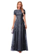 Vestido Mother of the Bride YOFF Lace Applique Long Stormy Blue Vestido Mother of the Bride YOFF Lace Applique Long Stormy Blue