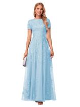 Vestido Mother of the Bride YOFF Lace Applique longo azul claro Vestido Mother of the Bride YOFF Lace Applique longo azul claro