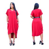 Vestido mullet Vestido Midi Feminino Moda Feminina Bolso Max Manga Curta 38 a 52 Moda Verão Lançamento Feminino Lindo