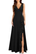 Vestido MUSHARE com Decote V, Fenda, Babados e Bolsos Preto