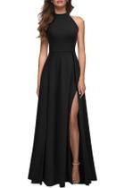 Vestido MUSHARE Maxi com Fenda, Gola Halter, Preto
