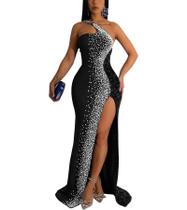 Vestido Nagfar, strass, lantejoulas, um ombro, sem encosto, preto, GG
