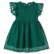 Vestido Niyage para meninas, elegante pompom de renda, verde escuro, 90 cm