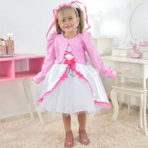 Vestido Noivinha Festa Junina Branco e Rosa com Véu + Bolero Rosa