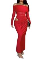 Vestido NRTHYE Mesh Off Shoulder, manga comprida, franzido, maxi feminino