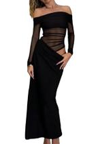 Vestido NRTHYE Mesh Off Shoulder, manga comprida, franzido, maxi feminino
