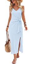 Vestido OFEEFAN Verão Midi com Decote em V e Cintura com Laço Azul - Tamanho M