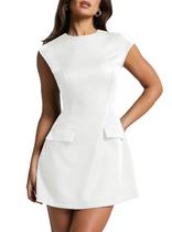 Vestido Oten 2025, manga curta, gola de barco, linha A, flare, branco