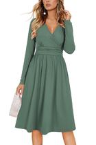 Vestido OUGES, outono de 2024, decote em V, manga comprida com bolsos, cinza, verde
