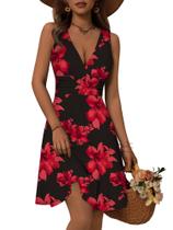 Vestido OURIN Floral Preto e Vermelho, Decote V, Sem Mangas, Tamanho Grande Vestido OURIN Floral Preto e Vermelho, Decote V, Sem Mangas, Tamanho Grande