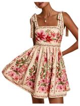 Vestido OYOANGLE Boho Floral Mini Sem Mangas com Amarração nos Ombros Vestido OYOANGLE Boho Floral Mini Sem Mangas com Amarração nos Ombros