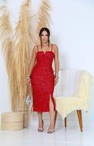 Vestido Paete Alcinha Corte V Midi Feminino Brilho