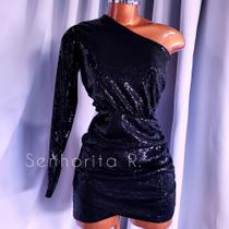 Vestido Paetê Brilho bordado preto moda festa balada luxo