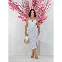 Vestido Paete Midi Feminino Alcinha Brilho Corte V