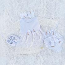 Vestido Para Bebê Manga Longa Renda Kit 5 Pçs Branco Batizado