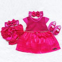 Vestido Para Bebê Recém Nascido À 6 Meses Kit Com 5 Pçs Luxo Pink Vestido Para Bebê Recém Nascido À 6 Meses Kit Com 5 Pçs Luxo Pink