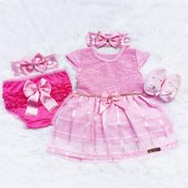 Vestido Para Bebê Recém Nascido À 6 Meses Kit Com 5 Pçs Luxo Rosa - Majestic