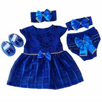 Vestido Para Bebê Renda Baby Kit 5 Peças Luxo Azul