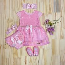 Vestido Para Bebê Renda + Calcinha Bunda Rica + Sapatinho + Faixa de Cabeça 0 a 12 meses