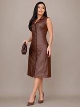 Vestido para Festa Inverno Midi Elegante de Couro sem Manga Formal Cor:MarromTamanho:G2
