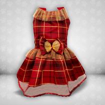 Vestido para pet vermelho e dourado xadrez.