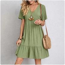 Vestido Peplum Feminino de Verão - Decote V, Manga Curta e Cintura Solta