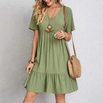 Vestido Peplum Feminino Verão - Decote V, Manga Curta, Cintura Solta e Babado