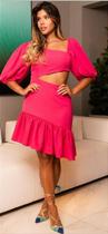 Vestido Pink Recorte Lateral com Mangas Bufantes - Closet Deluxe Vestido Pink Recorte Lateral com Mangas Bufantes - Closet Deluxe
