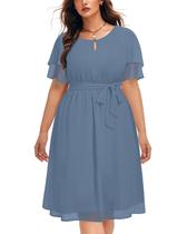 Vestido Pinup Fashion Fashion Feminino Plus Size, Chiffon, azul na altura do joelho